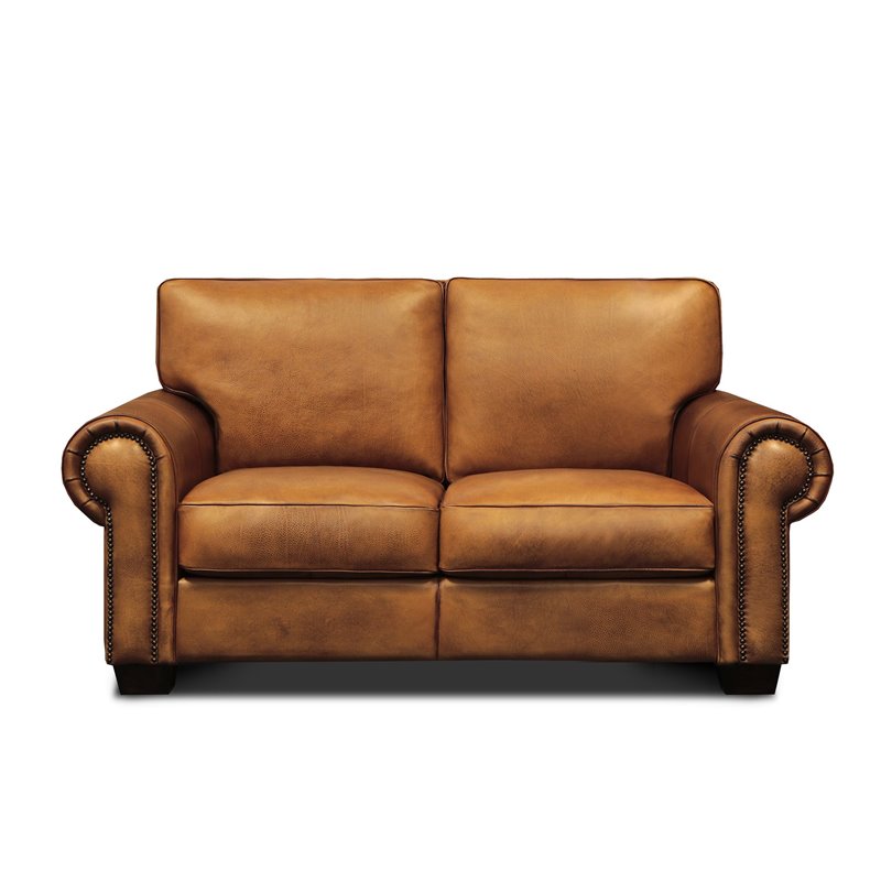 Pemberly Row Top Grain Hand Antiqued Leather Loveseat in Tan Brown