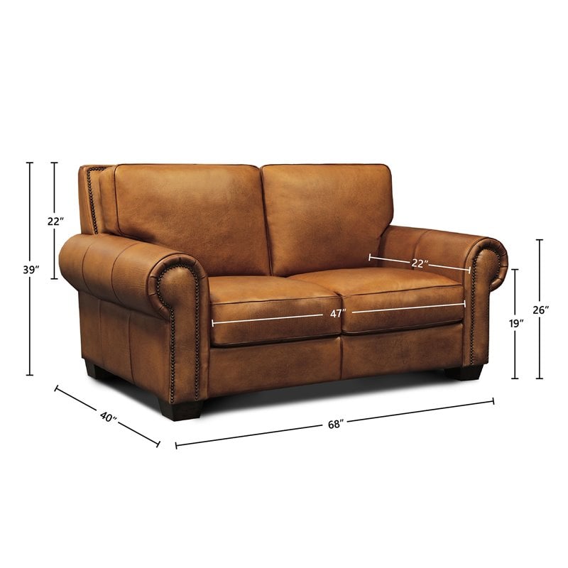 Pemberly Row Top Grain Hand Antiqued Leather Loveseat in Tan Brown