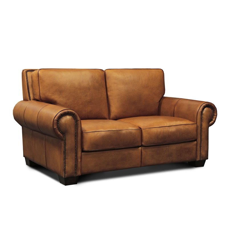 Pemberly Row Top Grain Hand Antiqued Leather Loveseat in Tan Brown