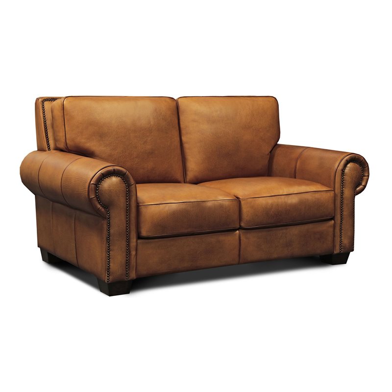 Pemberly Row Top Grain Hand Antiqued Leather Loveseat in Tan Brown