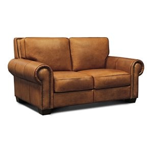 Pemberly Row Top Grain Hand Antiqued Leather Loveseat in Tan Brown