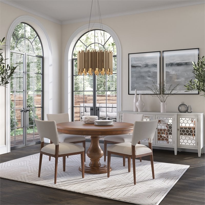 Pemberley Row Solid Pine Wood Almond Brown Dining Table Round Hand Carved Base 54