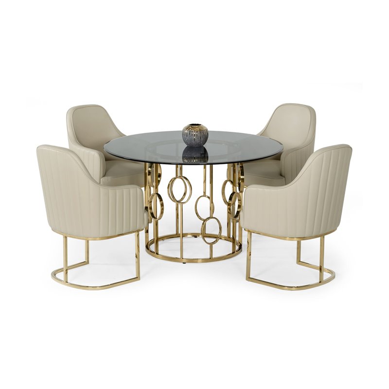 Pemberly Row Round Modern Metal & Glass Dining Table in Champagne Gold
