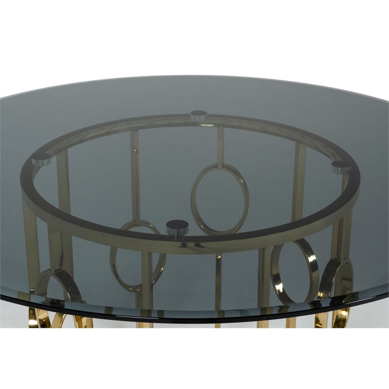 Pemberly Row Round Modern Metal & Glass Dining Table in Champagne Gold