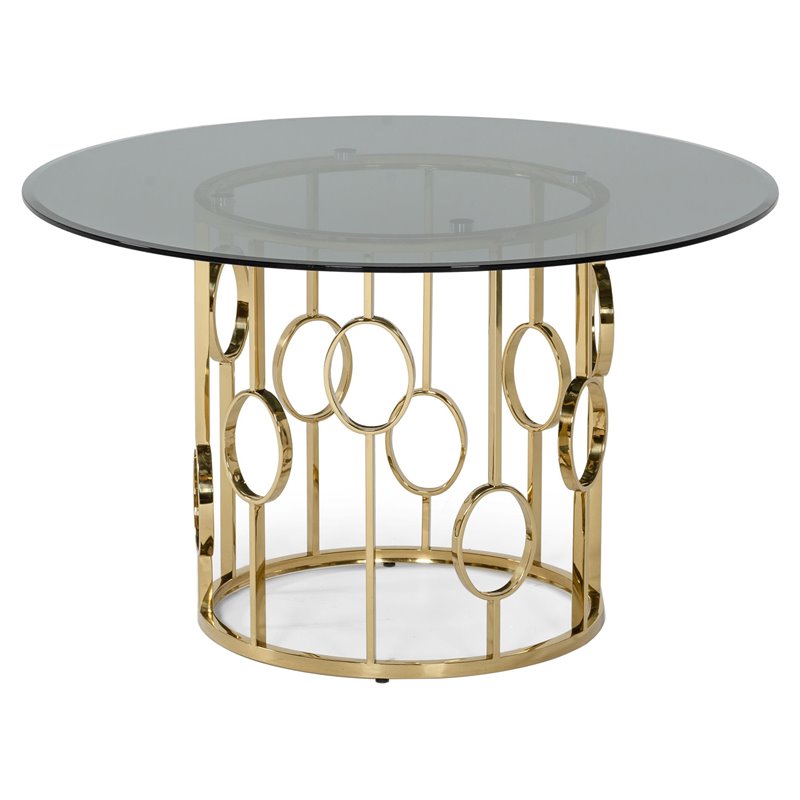 Pemberly Row Round Modern Metal & Glass Dining Table in Champagne Gold