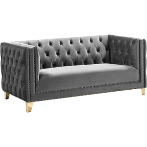 Pemberly Row Contemporary Velvet and Iron Loveseat in Soft Gray/Gold