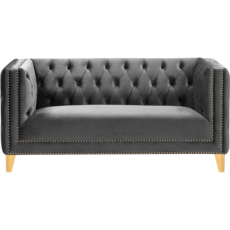 Pemberly Row Contemporary Velvet and Iron Loveseat in Soft Gray/Gold