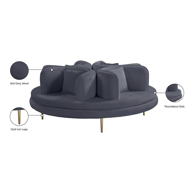 Pemberly Row Contemporary Velvet Roundabout Sofa with Iron Legs in Gray