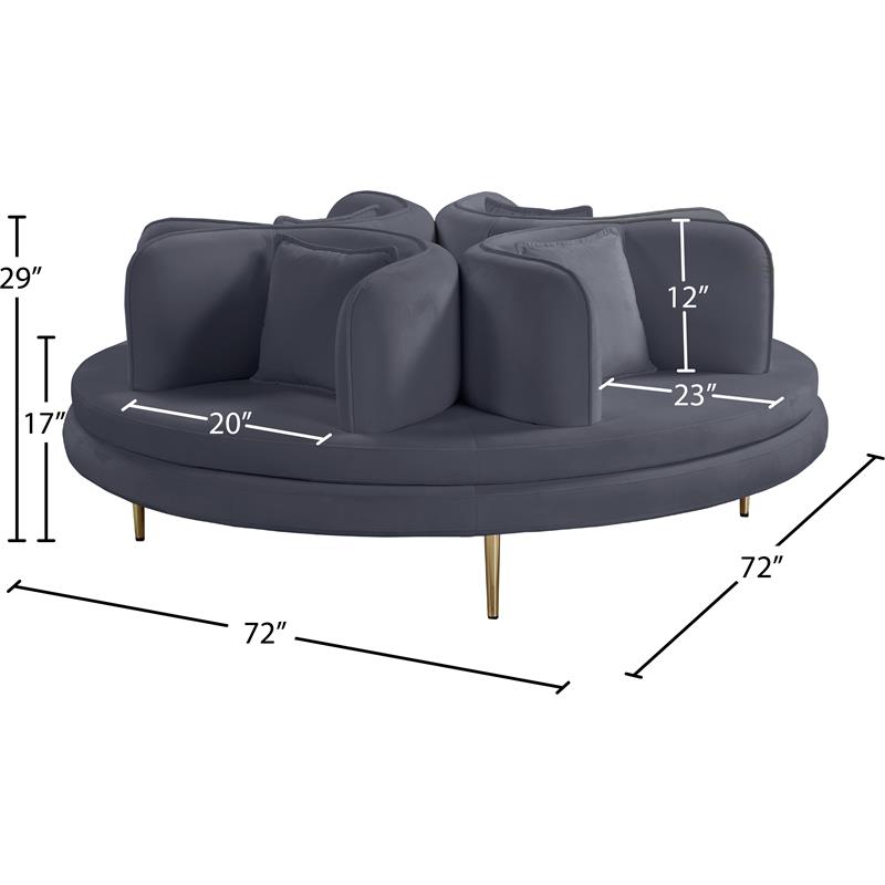 Pemberly Row Contemporary Velvet Roundabout Sofa with Iron Legs in Gray