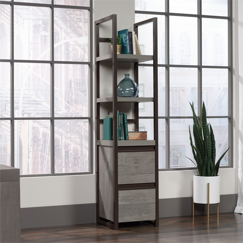 Pemberly Row Engineered Wood Narrow Storage Tower in Mystic Oak