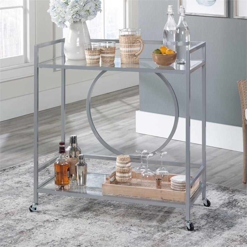 Pemberly Row Contemporary Metal / Glass Bar Cart in Silver Finish