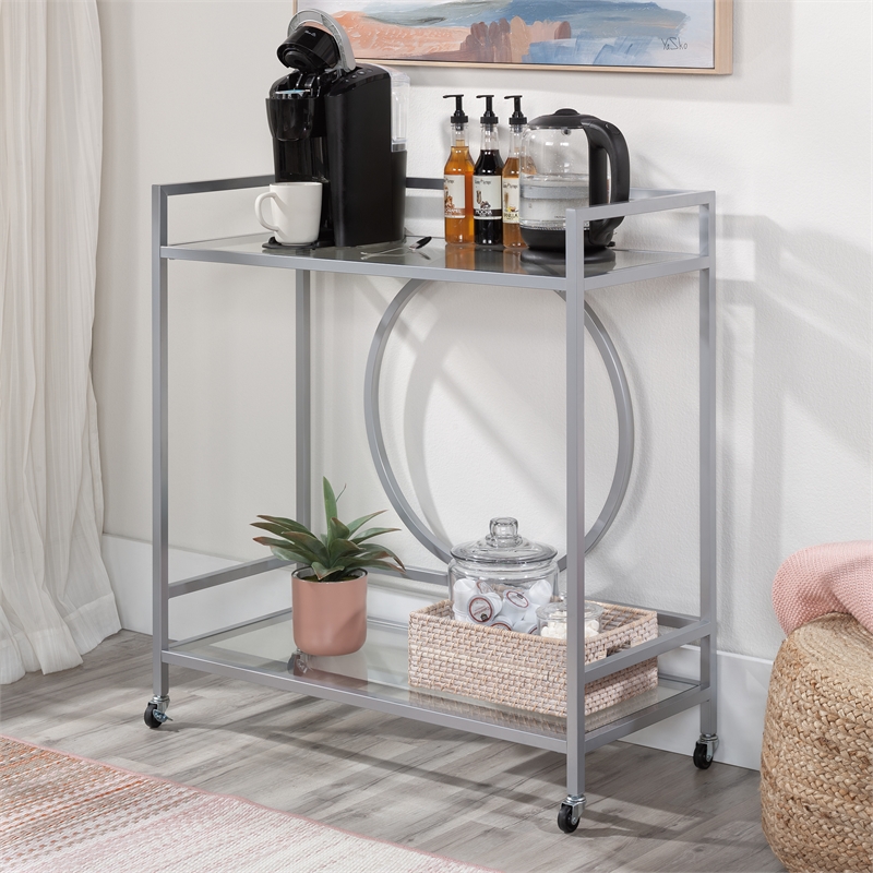 Pemberly Row Contemporary Metal / Glass Bar Cart in Silver Finish