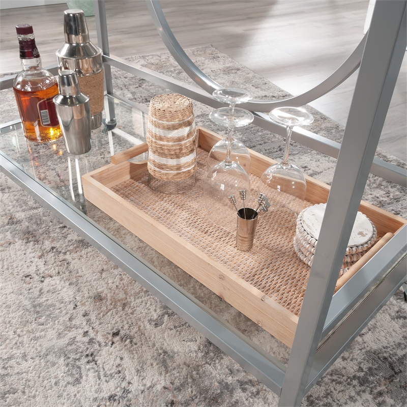 Pemberly Row Contemporary Metal / Glass Bar Cart in Silver Finish