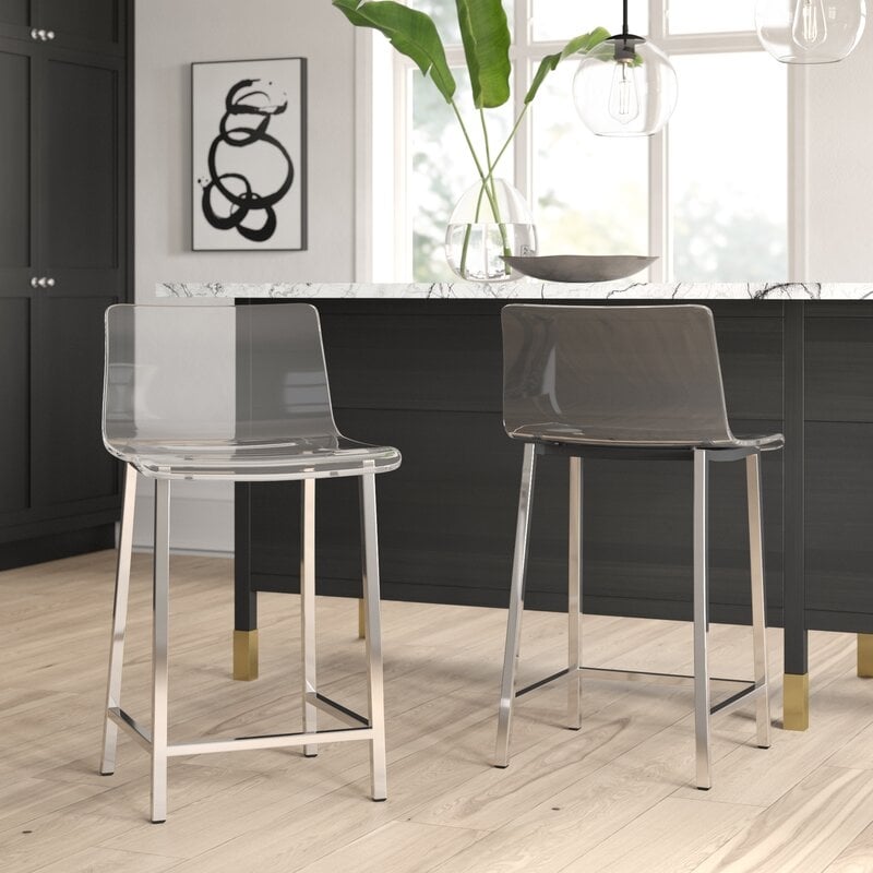 Pemberly Row Plastic Bar Stool Chair Set of 2 in Clear - Square Seat & Footrest