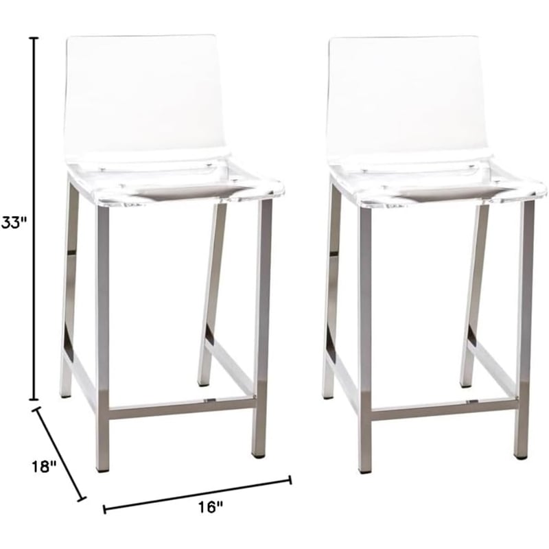 Pemberly Row Plastic Bar Stool Chair Set of 2 in Clear - Square Seat & Footrest