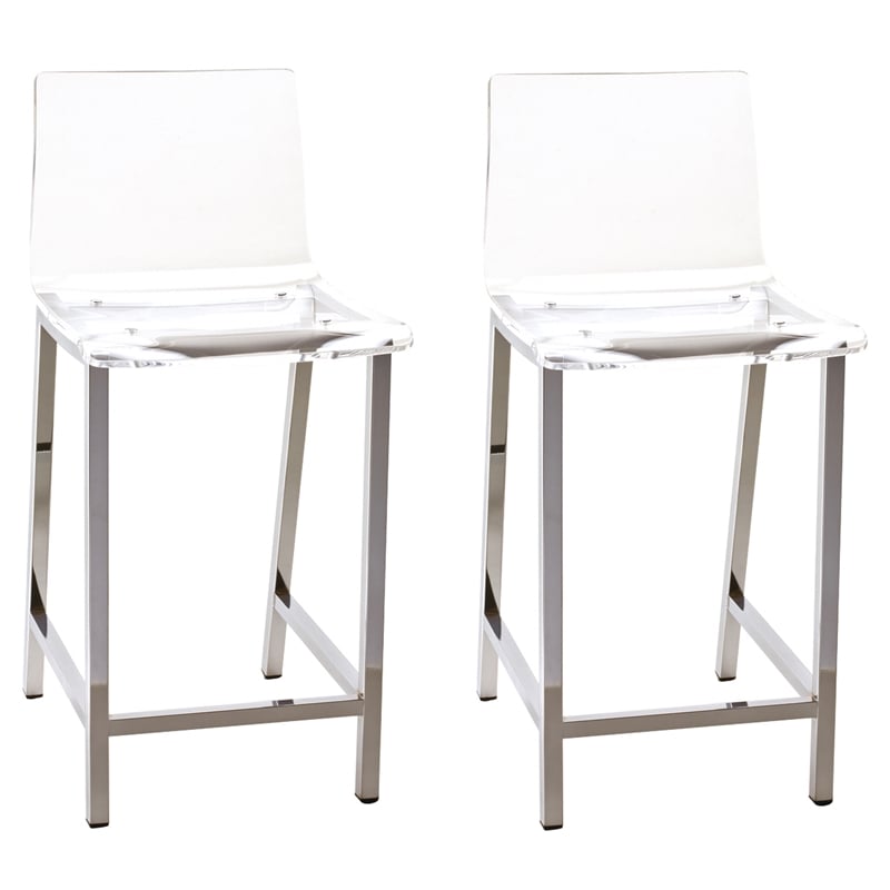 Pemberly Row Plastic Bar Stool Chair Set of 2 in Clear - Square Seat & Footrest