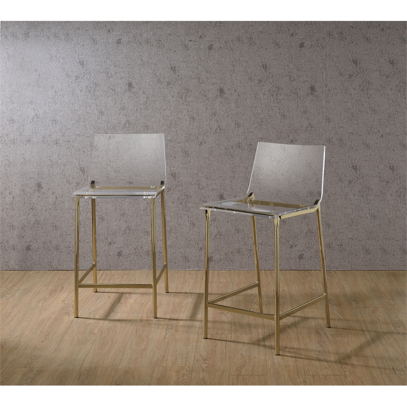 Pemberly Row Plastic Bar Stool Chair Set of 2 in Gold - Square Seat & Footrest