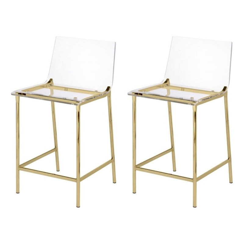 Pemberly Row Plastic Bar Stool Chair Set of 2 in Gold - Square Seat & Footrest