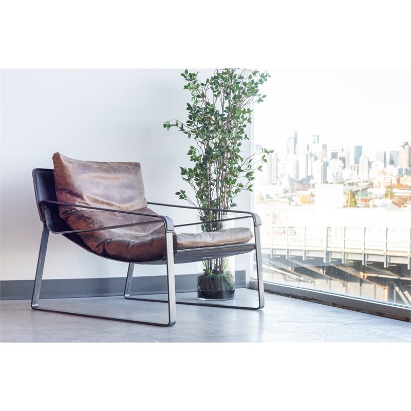 Pemberly Row Upholstered Modern Leather & Iron Club Chair in Brown/Black