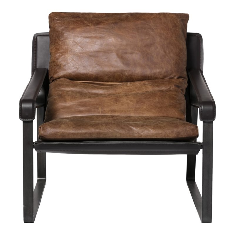 Pemberly Row Upholstered Modern Leather & Iron Club Chair in Brown/Black