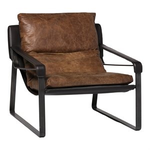 Pemberly Row Upholstered Modern Leather & Iron Club Chair in Brown/Black