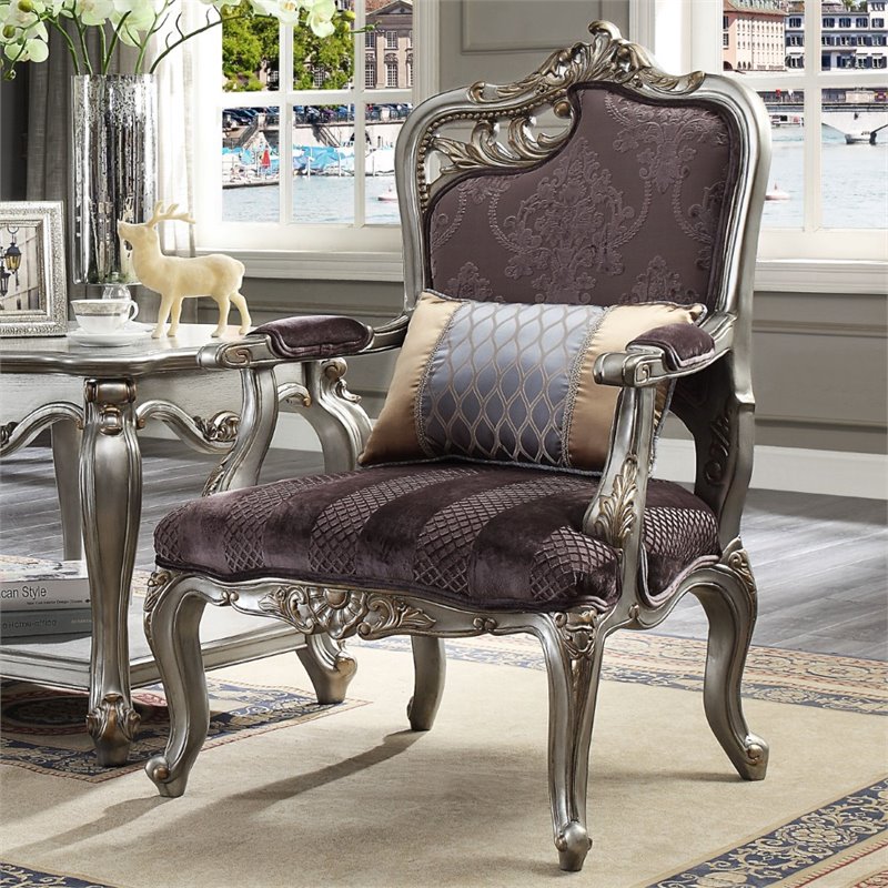Pemberly Row Modern Chair with 1 Pillow in Velvet and Antique Platinum