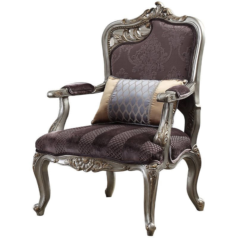 Pemberly Row Modern Chair with 1 Pillow in Velvet and Antique Platinum