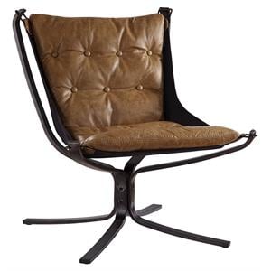 Pemberly Row Button Tufted Top Grain Leather Upholstery Accent Chair in Coffee