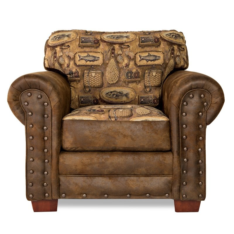 Pemberly Row Microfiber River Bend Arm Chair in Brown Finish