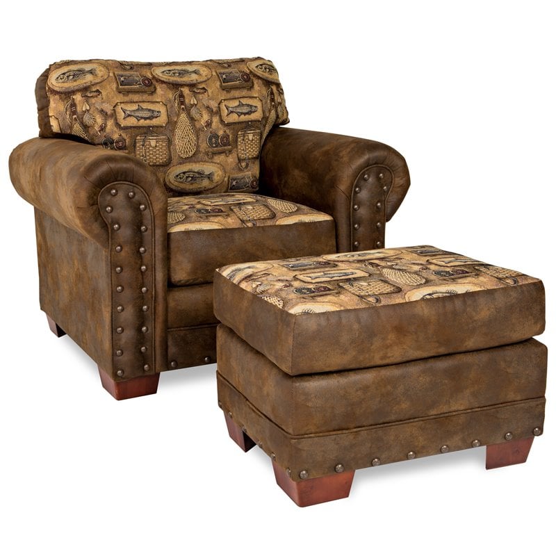 Pemberly Row Microfiber River Bend Arm Chair in Brown Finish