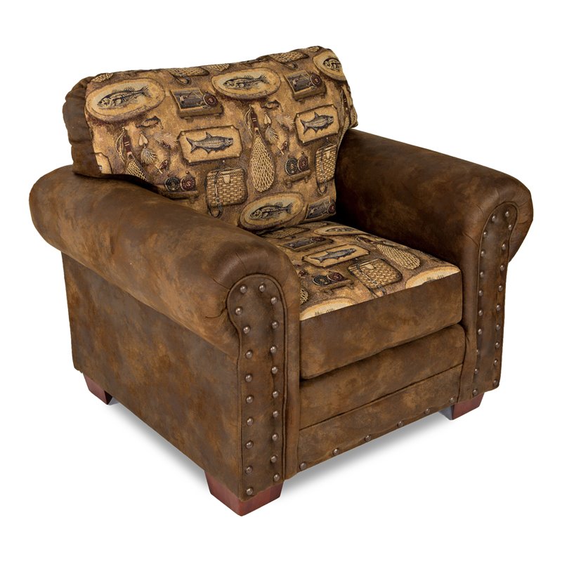 Pemberly Row Microfiber River Bend Arm Chair in Brown Finish