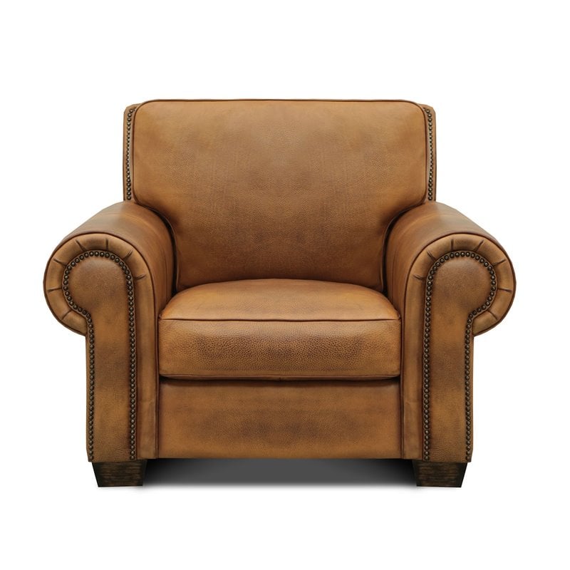 Pemberly Row Top Grain Hand Antiqued Leather Armchair in Tan