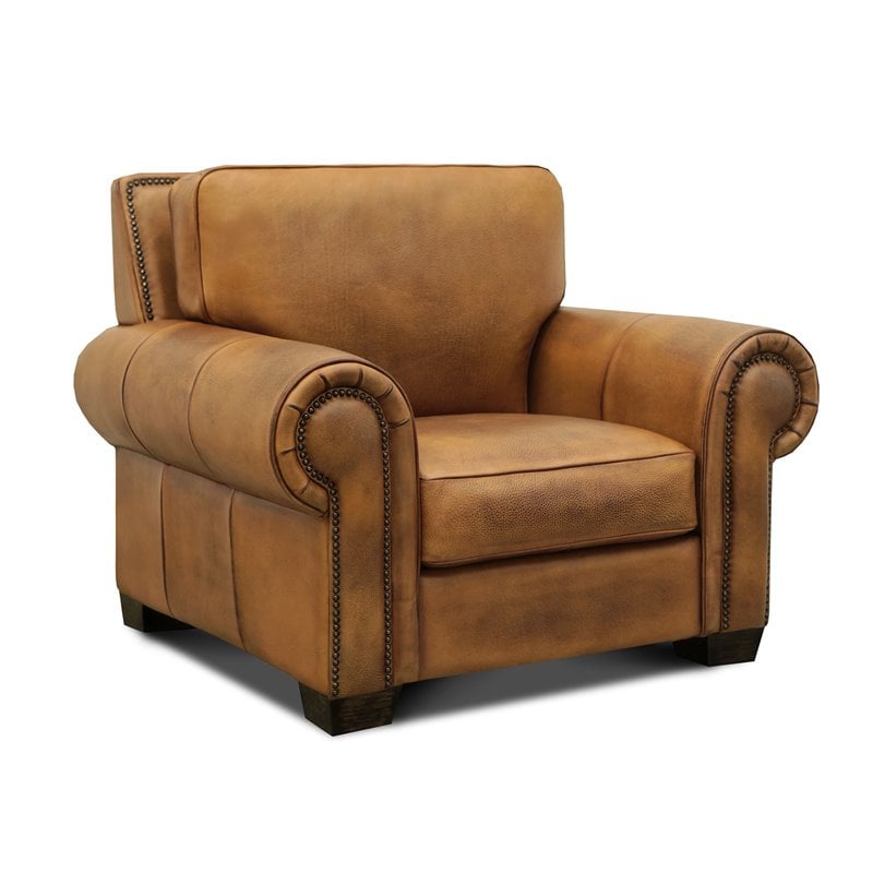 Pemberly Row Top Grain Hand Antiqued Leather Armchair in Tan