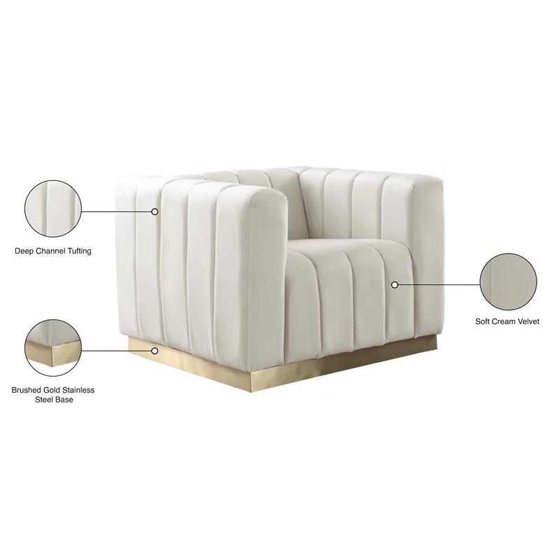 Pemberly Row Contemporary Velvet/Stainless Steel Chair in Cream/Brushed Gold