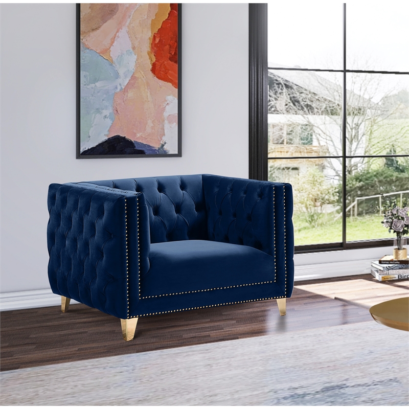 Pemberly Row Contemporary Velvet and Iron Chair in Soft Navy