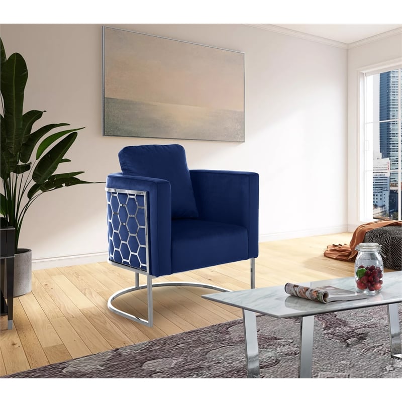 Pemberly Row Contemporary Velvet Upholstered Chair in Soft Navy/Chrome