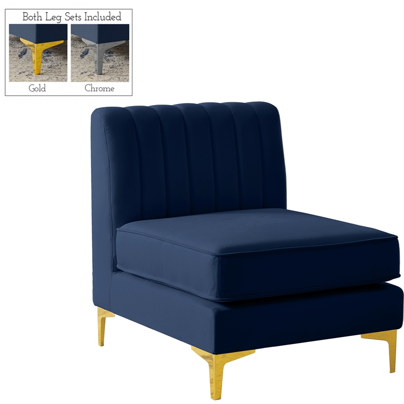Pemberly Row Contemporary Velvet Armless Chair with Deep Channel Tufting in Navy