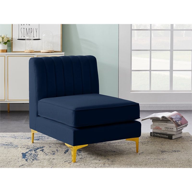 Pemberly Row Contemporary Velvet Armless Chair with Deep Channel Tufting in Navy