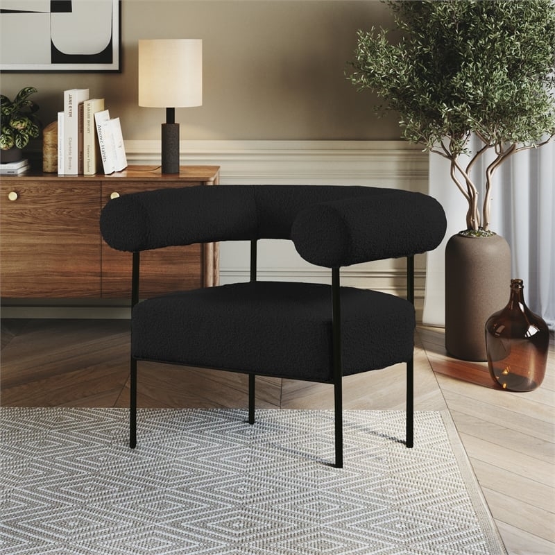 Pemberly Row Contemporary Boucle Fabric/Metal Accent Chair in Black