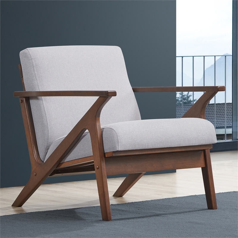 Pemberly Row Solid Wood and Fabric Accent Armchair in Walnut and Light Gray