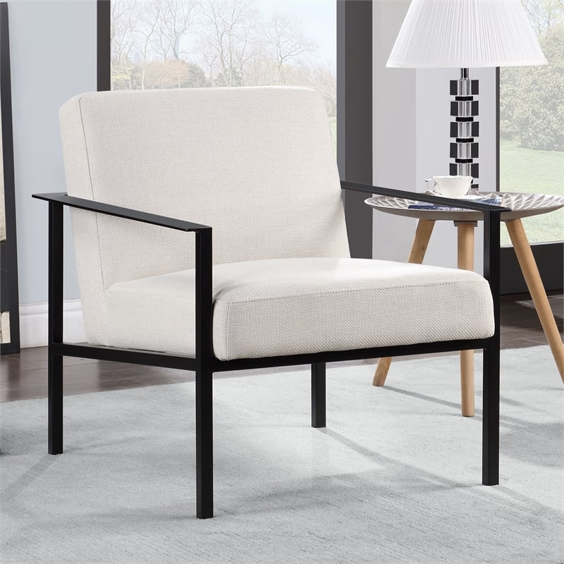Pemberly Row Polyester Oatmeal Cream Stationary Black Metal Accent Chair