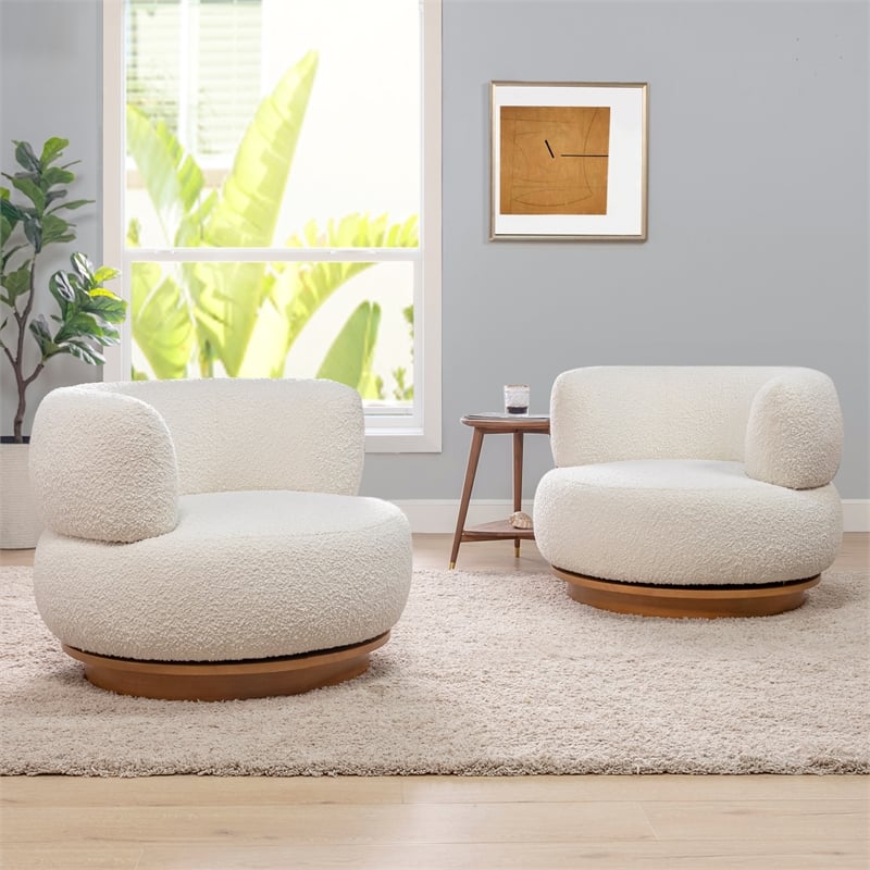Pemberly Row 360 Swivel Barrel Back Accent Chair Ivory White Boucle