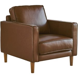 Pemberly Row 32&quot Contemporary Top-Grain Leather Armchair in Chestnut