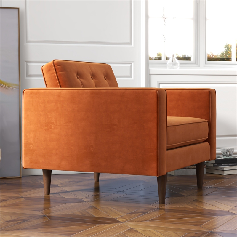 Pemberly Row Mid Century Modern Style Tufted Wide Velvet Armchair in Orange