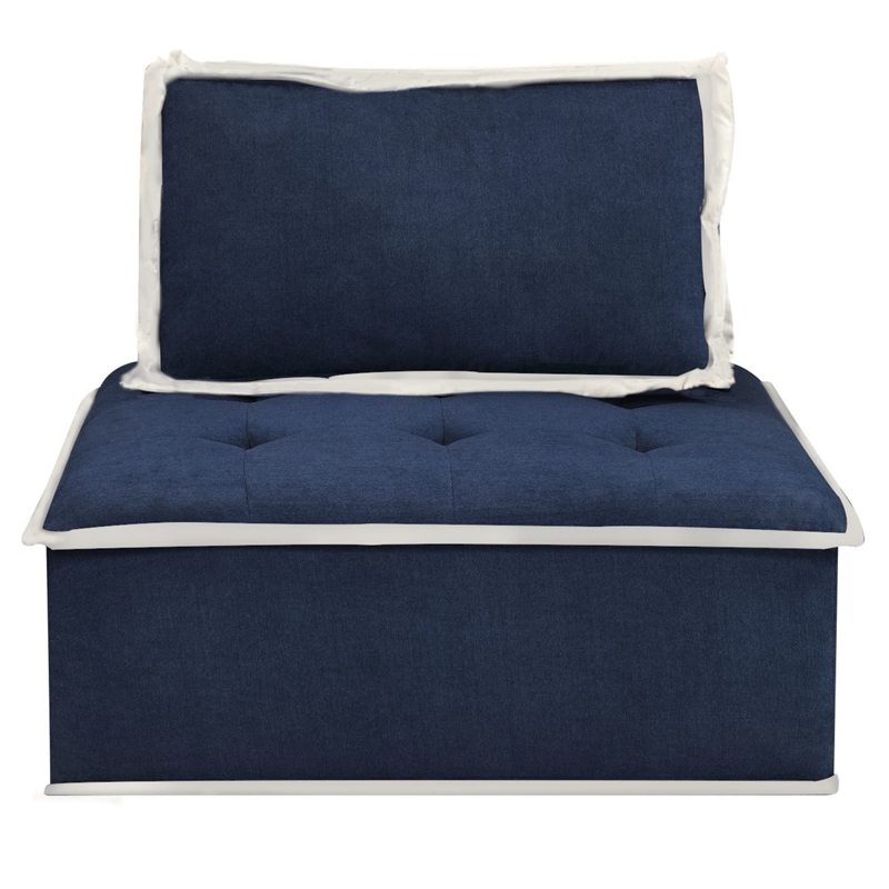 Pemberly Row Contemporary Fabric Armless Corner Accent Chair in Navy Blue/Cream
