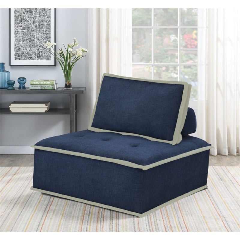 Pemberly Row Contemporary Fabric Armless Corner Accent Chair in Navy Blue/Cream