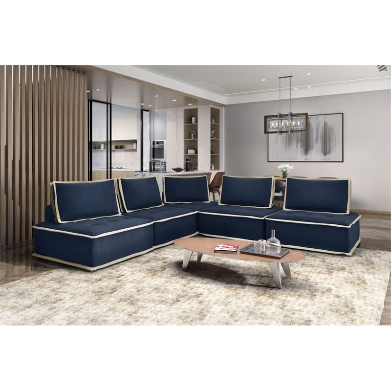 Pemberly Row Contemporary Fabric Armless Corner Accent Chair in Navy Blue/Cream