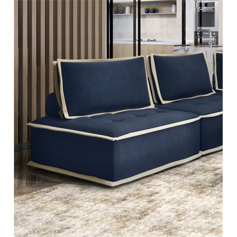 Pemberly Row Contemporary Fabric Armless Corner Accent Chair in Navy Blue/Cream