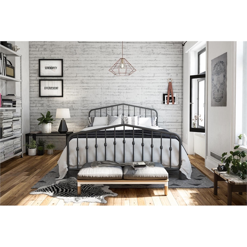 Pemberly Row Modern Queen Adjustable Metal Bed in Gray Finish