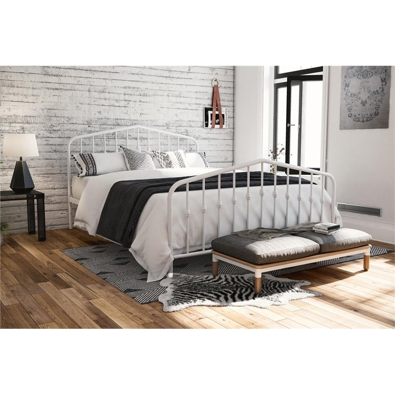 Pemberly Row Modern Queen Adjustable Metal Bed in White Finish